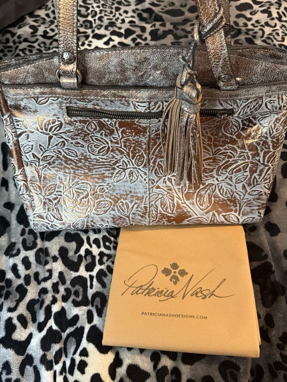 Patricia Nash Metallic Silver Floral Embossed Tote with Tassel